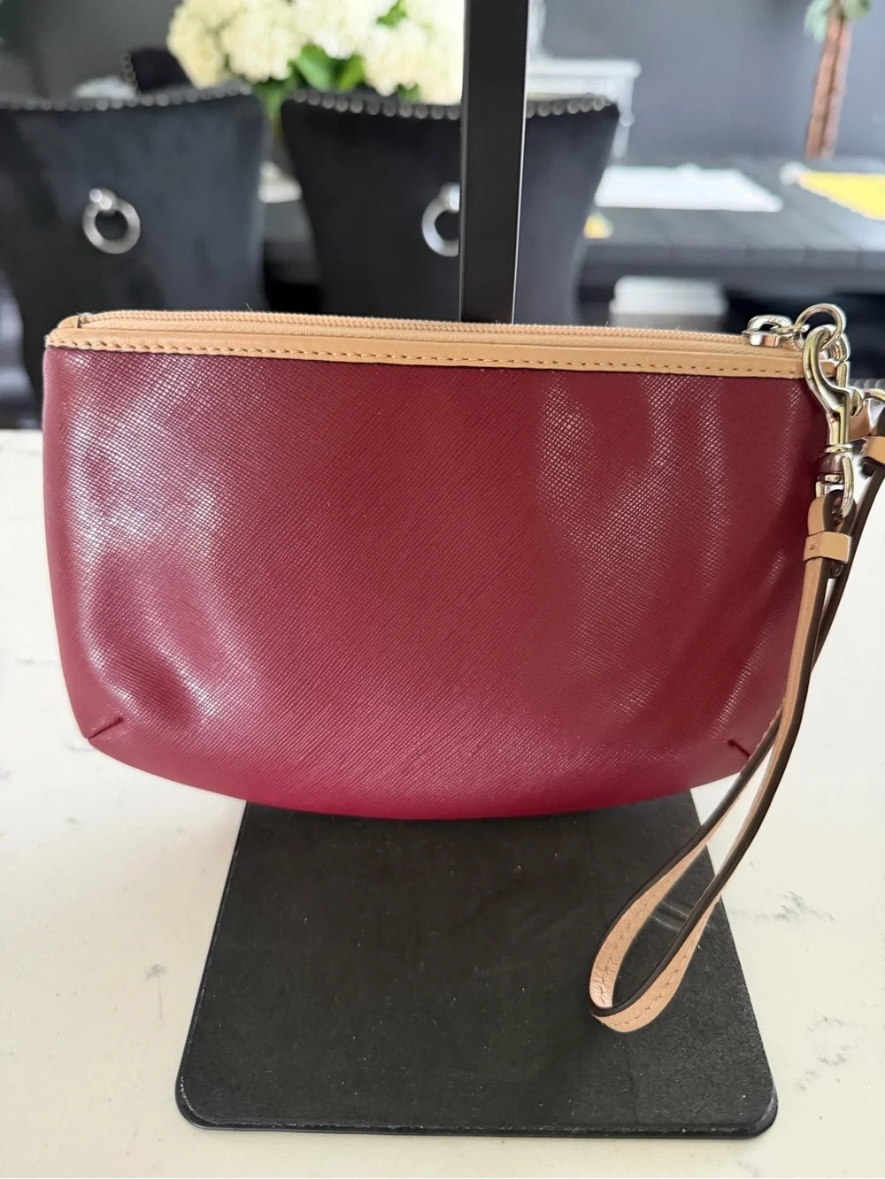 Coach Wristlet in Maroon with Tan Trim